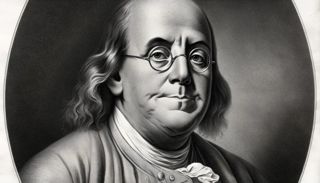 DALL·E 2023 10 14 04.58.38 Photo of Benjamin Franklin as depicted on historical documents wearing his signature round glasses and a colonial outfit