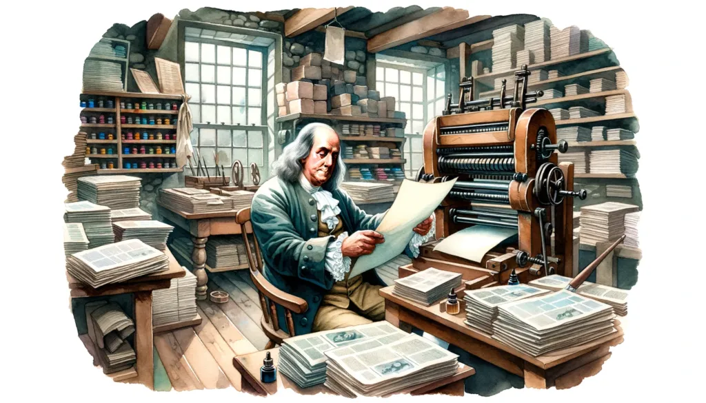 DALL·E 2023 10 14 04.58.49 Watercolor painting of Benjamin Franklin working diligently in his print shop surrounded by sheets of paper and ink