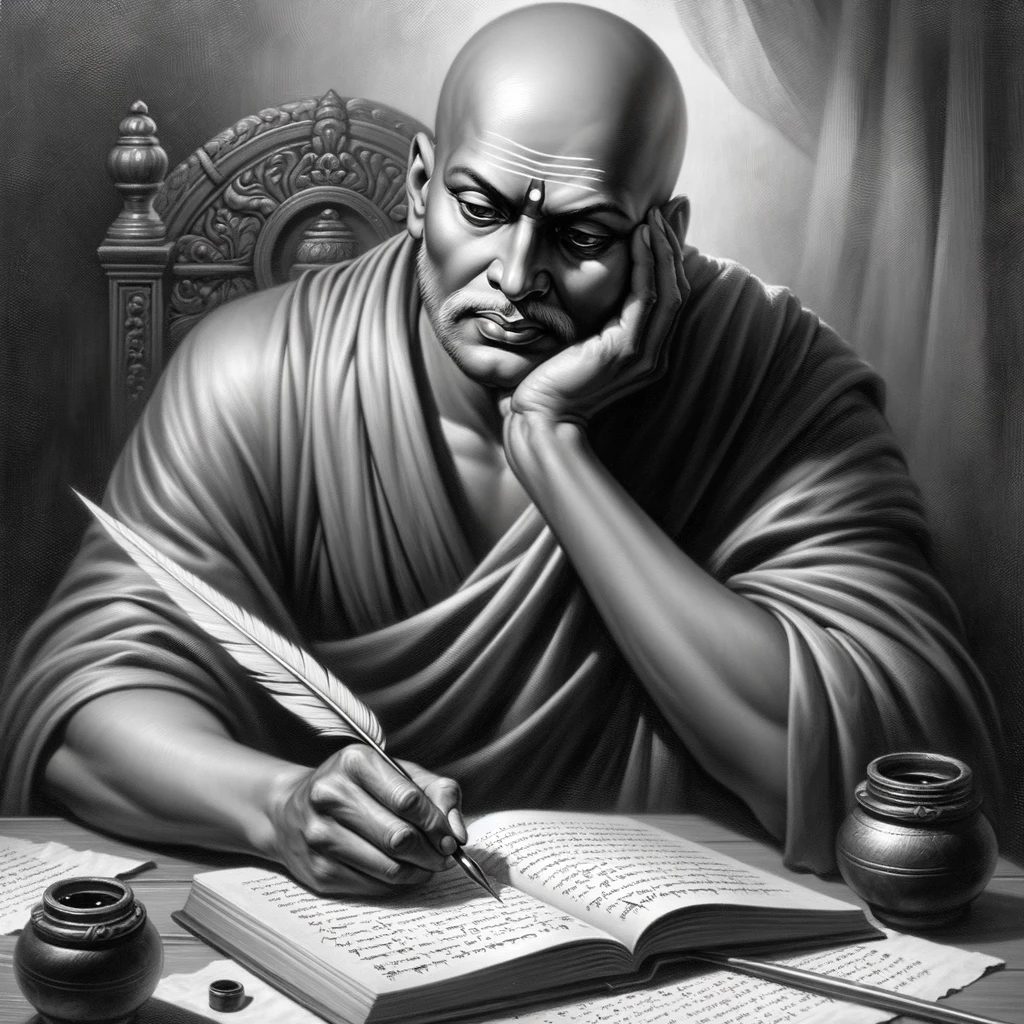 DALL·E 2023 10 29 08.25.40 Photo of Chanakya the ancient Indian teacher and author deep in thought writing a manuscript using a quill and ink