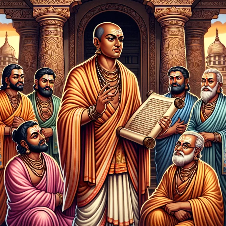 DALL·E 2023 10 29 08.26.52 Illustration of Chanakya the ancient Indian teacher and author in traditional attire holding a scroll and teaching his disciples