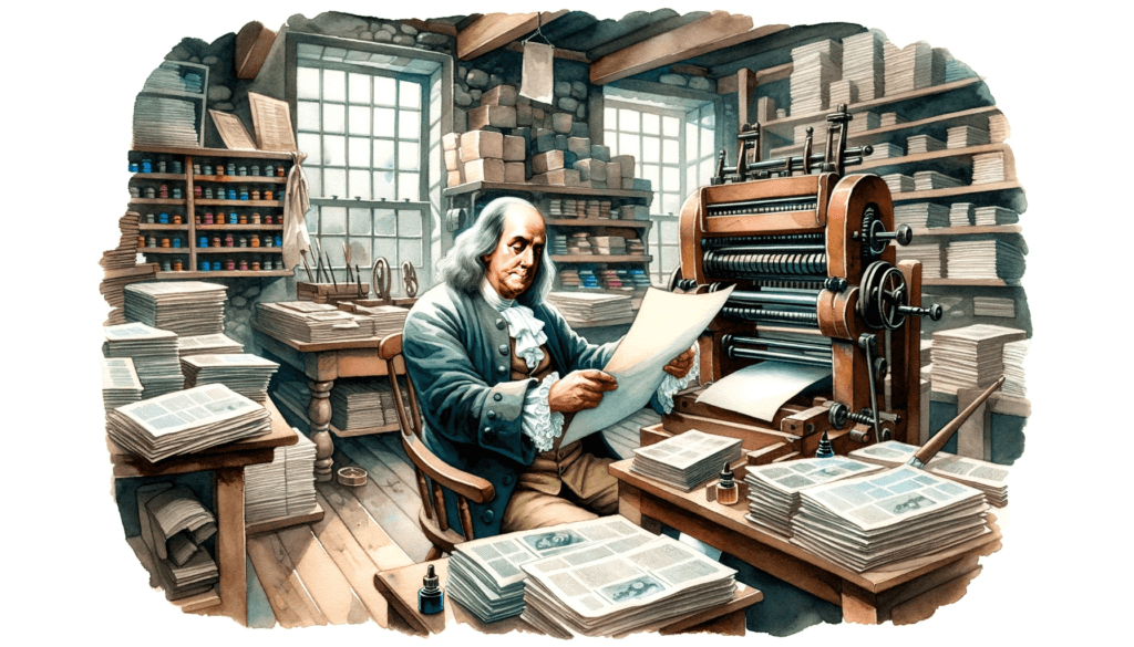Benjamin Franklin most famous and impactful quotes 2 DALL·E 2023 10 14 04.58.49 Watercolor painting of Benjamin Franklin working diligently in his print shop surrounded by sheets of paper and ink