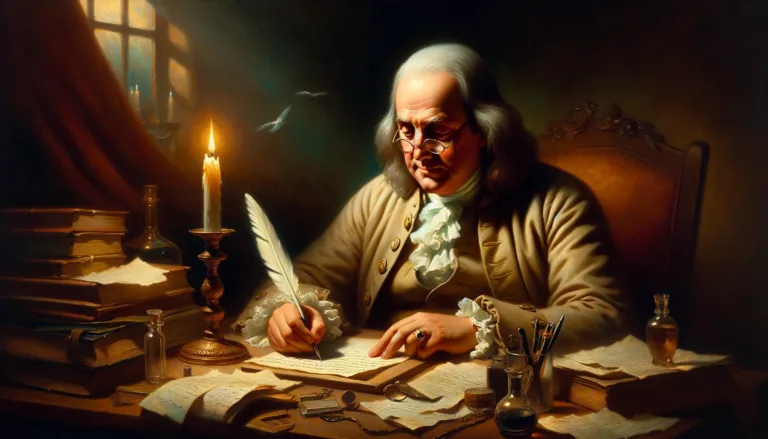 Benjamin Franklin sitting at a desk, writing with a quill pen by the light of a candle