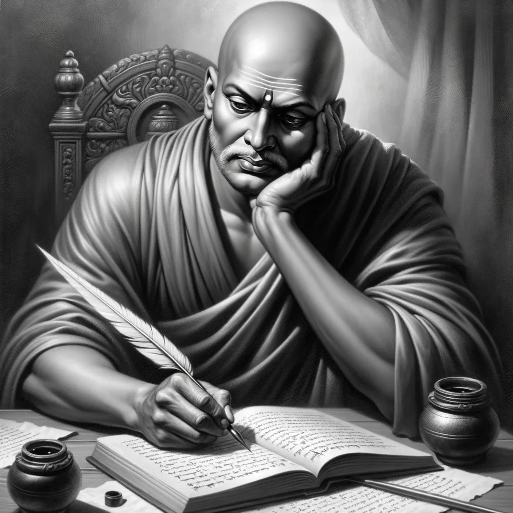 Chanakya's Wisdom: Timeless Teachings for Today 3 DALL·E 2023 10 29 08.25.40 Photo of Chanakya the ancient Indian teacher and author deep in thought writing a manuscript using a quill and ink