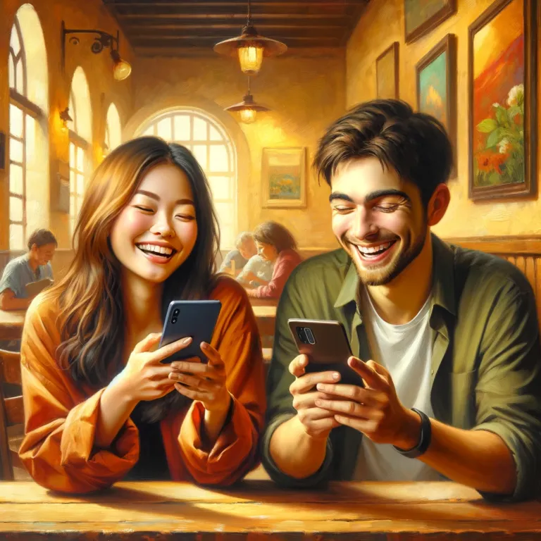 DALL·E 2023 11 26 19.37.12 An oil painting of a joyful scene showing two people a young Asian woman and a young Hispanic man sitting at a cafe each with a smartphone in their